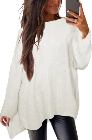 Women's Batwing Long Sleeve Oversized Sweaters Fall Loose Fit Knitted Side Slit Pullover Tops