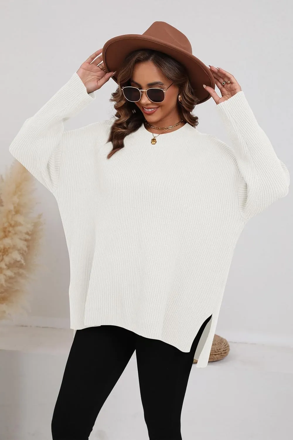 Women's Batwing Long Sleeve Oversized Sweaters Fall Loose Fit Knitted Side Slit Pullover Tops