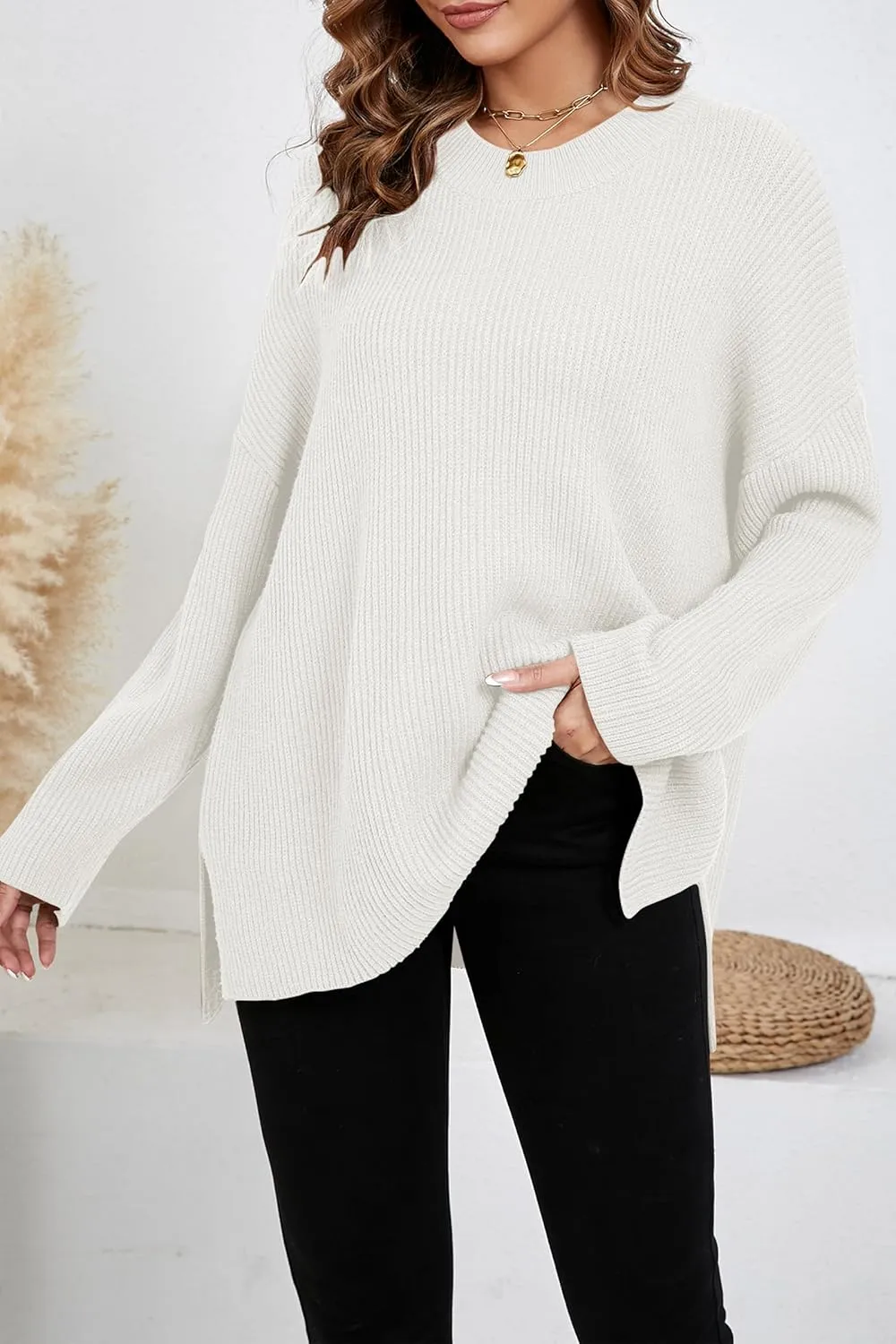 Women's Batwing Long Sleeve Oversized Sweaters Fall Loose Fit Knitted Side Slit Pullover Tops