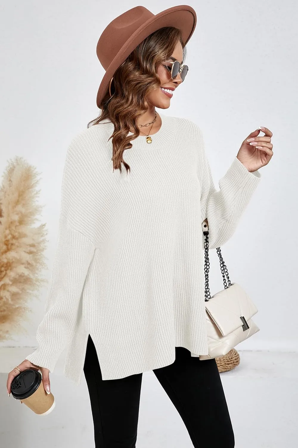 Women's Batwing Long Sleeve Oversized Sweaters Fall Loose Fit Knitted Side Slit Pullover Tops