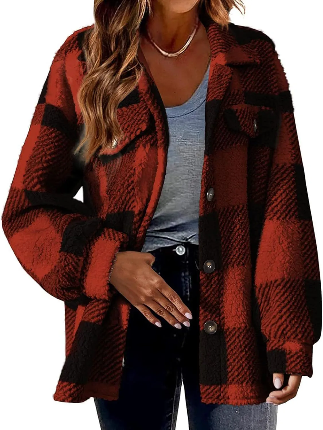 Womens Fuzzy Flannel Jacket Fall Fashion Sherpa Lined Plaid Shacket Jacket Long Sleeve Button Down Fleece Hoodies 