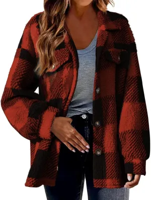 Womens Fuzzy Flannel Jacket Fall Fashion Sherpa Lined Plaid Shacket Jacket Long Sleeve Button Down Fleece Hoodies 