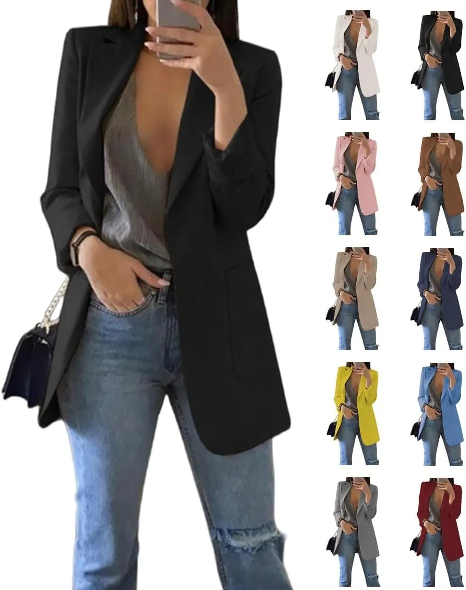 Womens Lightweight Casual Work Blazers Classic Open Front Long Sleeve Office Blazer Jacket Fall Fashion Pockets