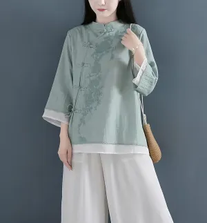 Women's Linen Traditional Retro Chinese Embroidered Frog Button Tops Mandarin Collar Blouse Long Sleeve Shirts Casual