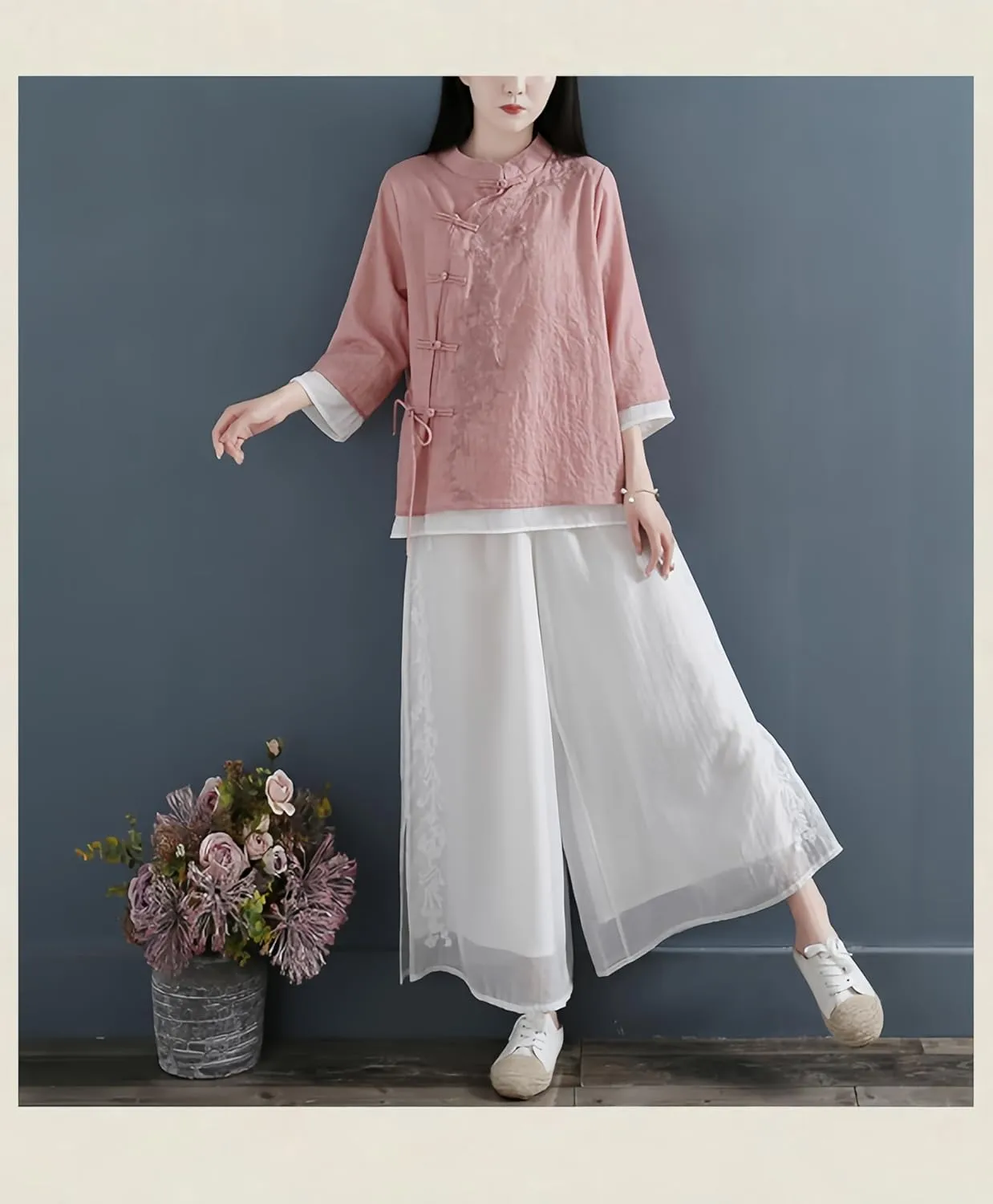 Women's Linen Traditional Retro Chinese Embroidered Frog Button Tops Mandarin Collar Blouse Long Sleeve Shirts Casual