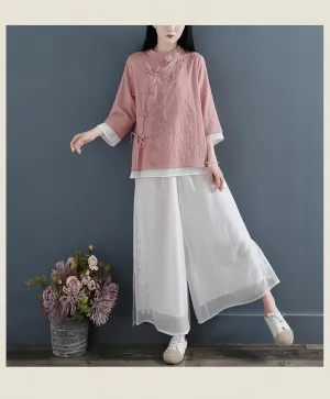 Women's Linen Traditional Retro Chinese Embroidered Frog Button Tops Mandarin Collar Blouse Long Sleeve Shirts Casual