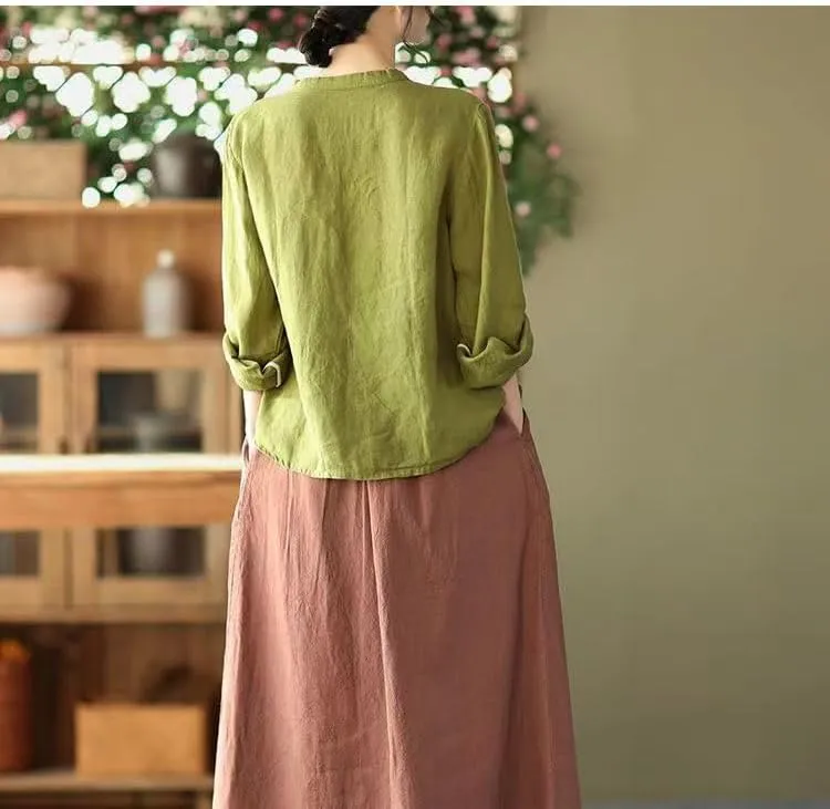 Women's Linen Traditional Retro Chinese Embroidered Frog Button Tops Mandarin Collar Blouse Long Sleeve Shirts Casual