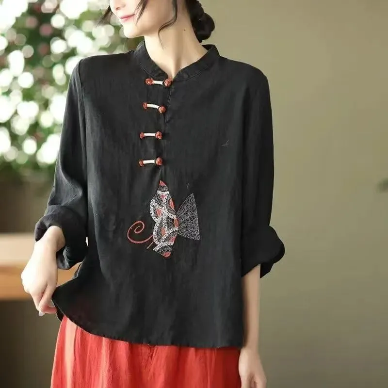 Women's Linen Traditional Retro Chinese Embroidered Frog Button Tops Mandarin Collar Blouse Long Sleeve Shirts Casual