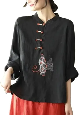 Women's Linen Traditional Retro Chinese Embroidered Frog Button Tops Mandarin Collar Blouse Long Sleeve Shirts Casual