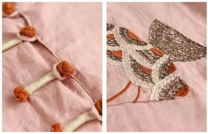 Women's Linen Traditional Retro Chinese Embroidered Frog Button Tops Mandarin Collar Blouse Long Sleeve Shirts Casual