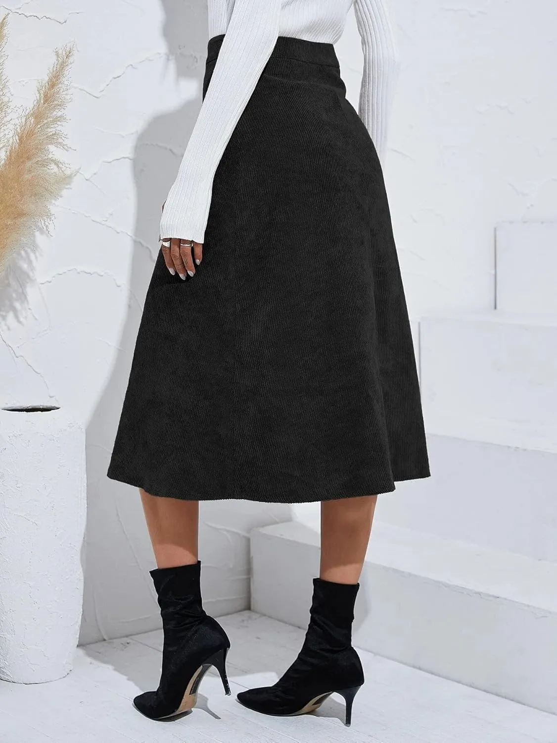 Women's Spring Fall High Waist Corduroy A-Line Slim Button Front Solid Color Midi Skirts