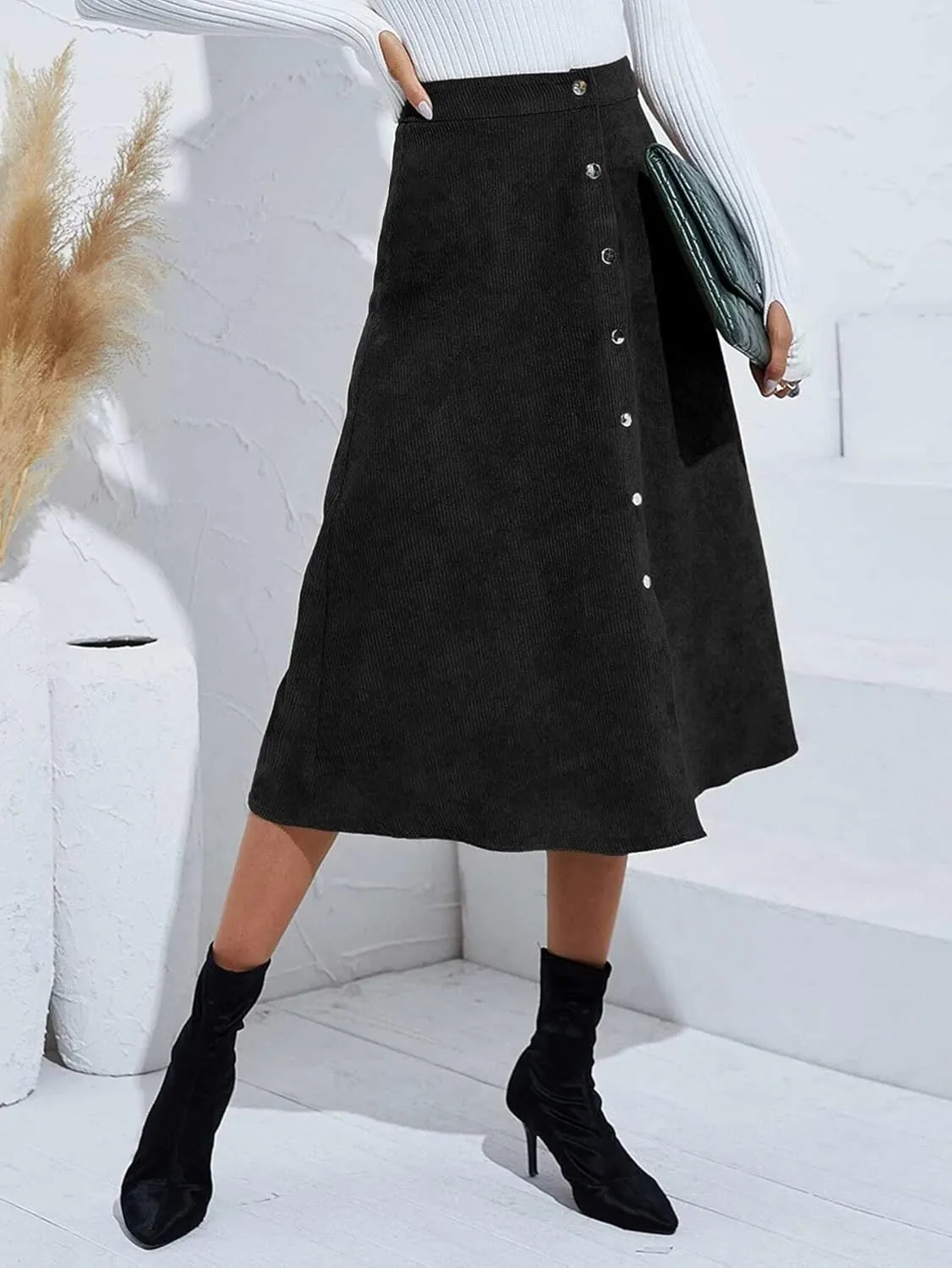 Women's Spring Fall High Waist Corduroy A-Line Slim Button Front Solid Color Midi Skirts