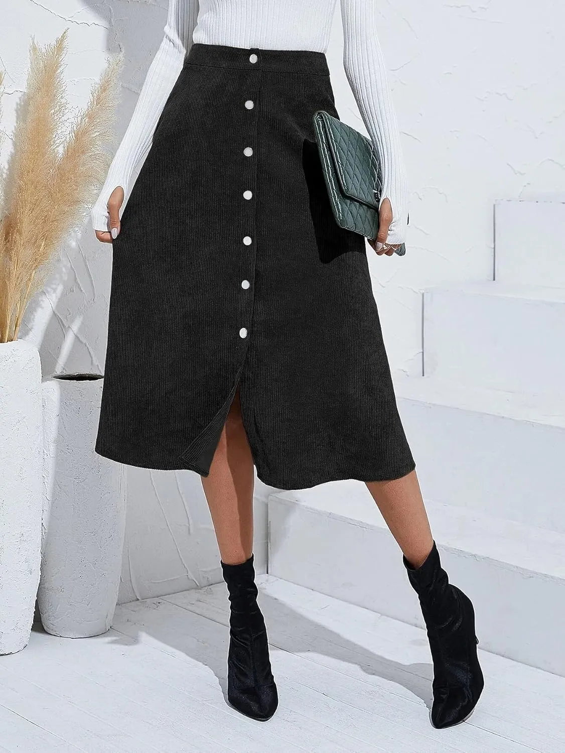Women's Spring Fall High Waist Corduroy A-Line Slim Button Front Solid Color Midi Skirts