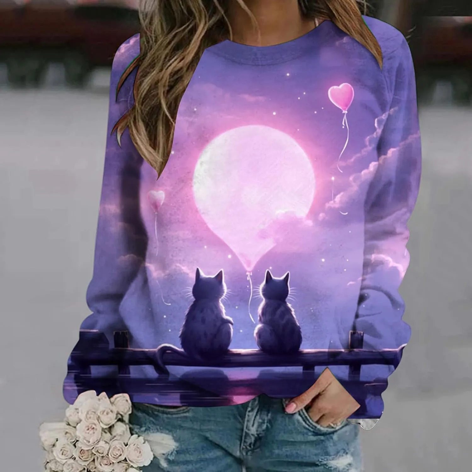 Womens Valentine's Day Sweatshirt Casual Love Heart Graphic Shirt Round Neck Pullover Cute Tops Long Sleeve Hoodie