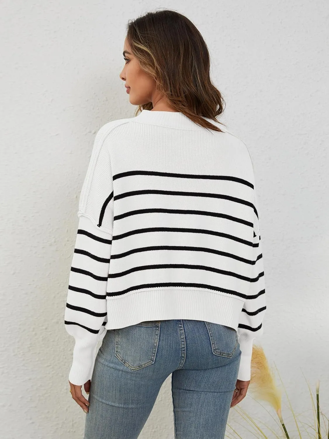 YKR Sweaters for Women Cropped Crewneck Striped Sweaters Long Sleeve Side Slit Trendy Oversized Pullover Jumper Tops 2024